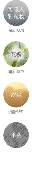 显著去除可吸入颗粒物,花粉去除效果几近完美,沙尘去除率在95%以上,通过破坏细菌蛋白质结构而杀菌